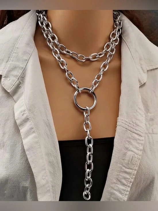Layered‎ Silver Chain Lariat Necklace with Ring