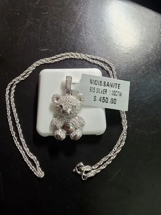 925 Sterling Silver Moissanite Teddy Bear Pendant Necklace 1.00 CTW 16 in chain