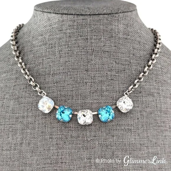 Sparkling Blue & Clear Cushion Crystal Silver Tone Necklace