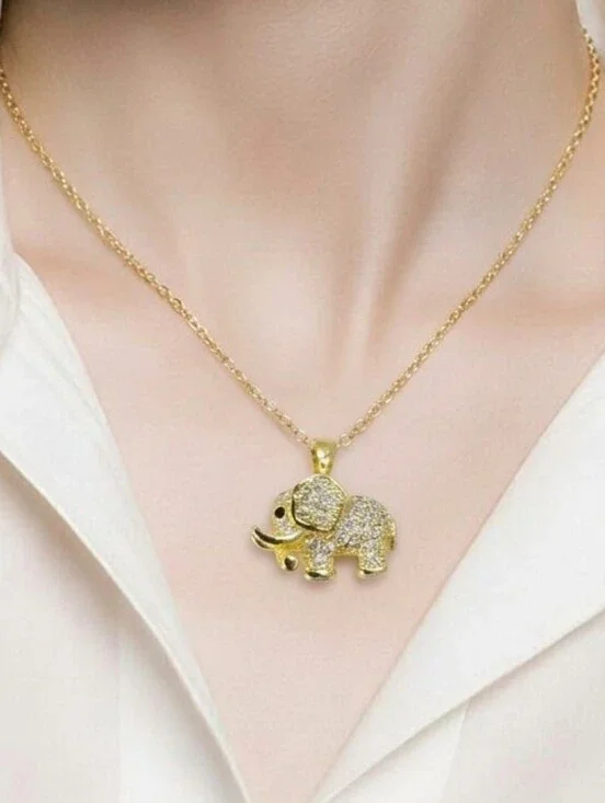 Lucky Elephant Necklace Gold Rhinestone Pendant Stainless Steel Cute Luxe Glow