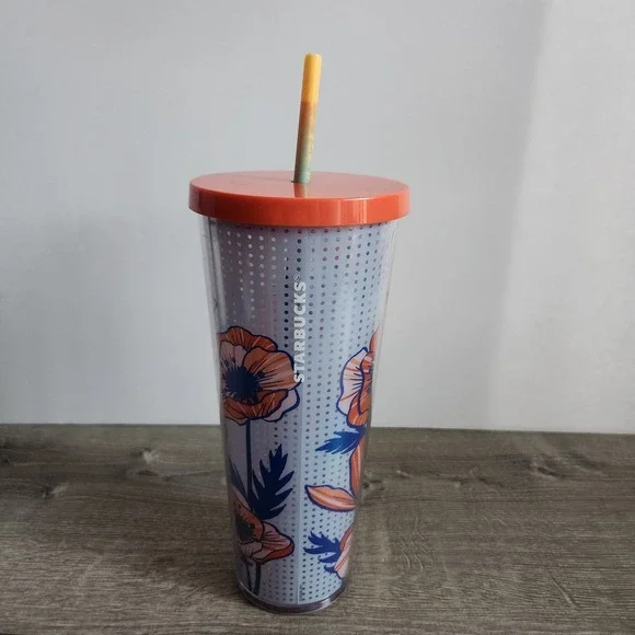 2017 Starbucks Poppy Floral Cold‎ Cup Tumbler Venti 24oz  w/ Lid & Straw READ