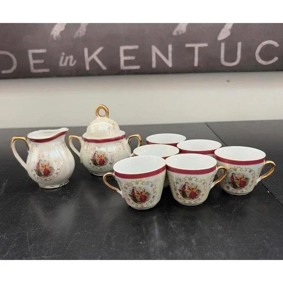Vintage Italian Lusterware Tea Set Courting Couple‎ Burgundy Gold 8pc OS