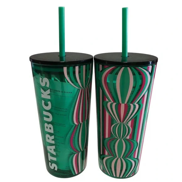 Starbucks (2) NEW Green and Pink Patterned Stripe‎ Ornaments Tumblers.Size 18oz.