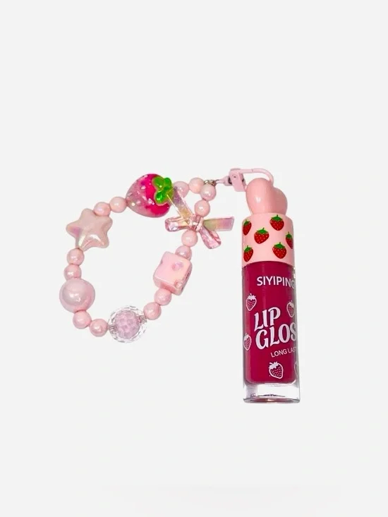 Pink Strawberry 🍓 Lip Gloss with Cute Beaded Charm