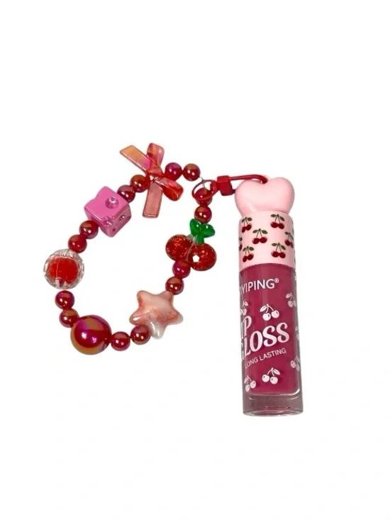 Cherry 🍒 Pink Lip Gloss with Beaded Charm Bracelet