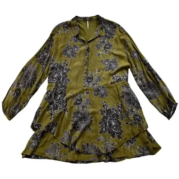 Free People Shake It Tunic Mini Dress Size Small Olive Gray Floral Boho