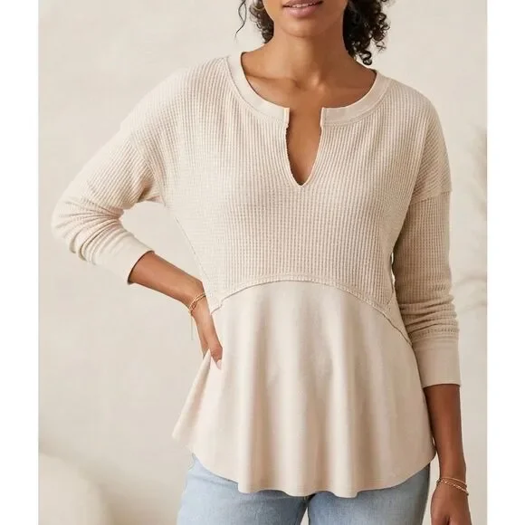 Free‎ People Top Henley Monterey Thermal Long Sleeve Light Pink Cream Small