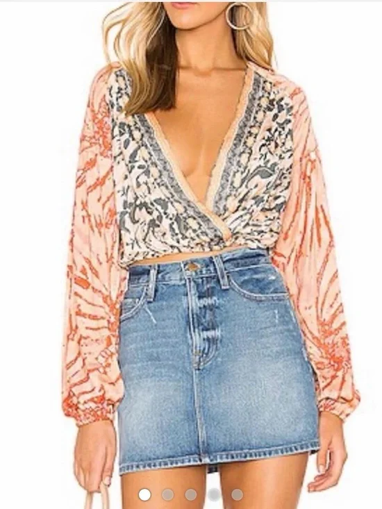 Free People Peach Printed Cropped Wrap Top with Lace Trim