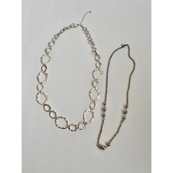Two Necklaces & Bangle Lot‎ - Silver Tone Chain Link Statement Jewelry Set