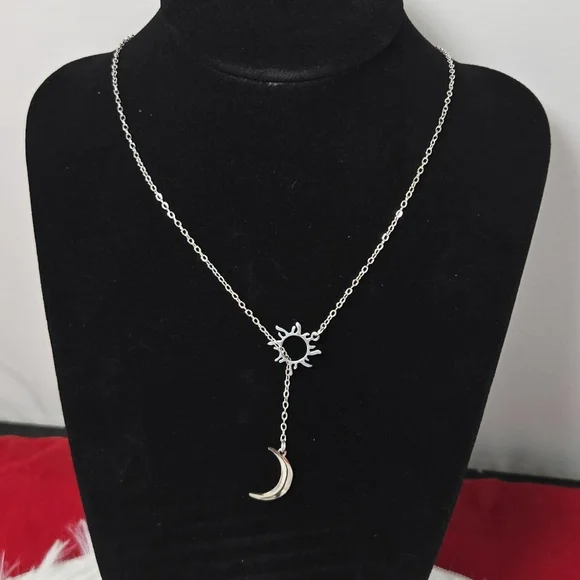 Sun Moon Lariat Necklace Stainless Steel Celestial Minimal Tassel Dainty Chic