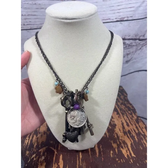 Vintage‎ Charm Necklace with Keys Coin and Beaded Accents