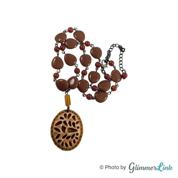Vintage Bohemian Faux Goldstone Beaded Carved Pendant Necklace