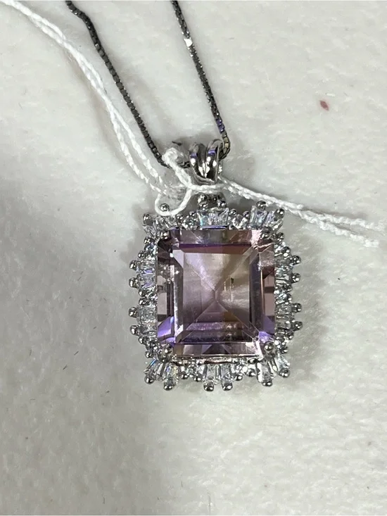 Ametrine Square Halo Pendant Necklace - Silver Tone