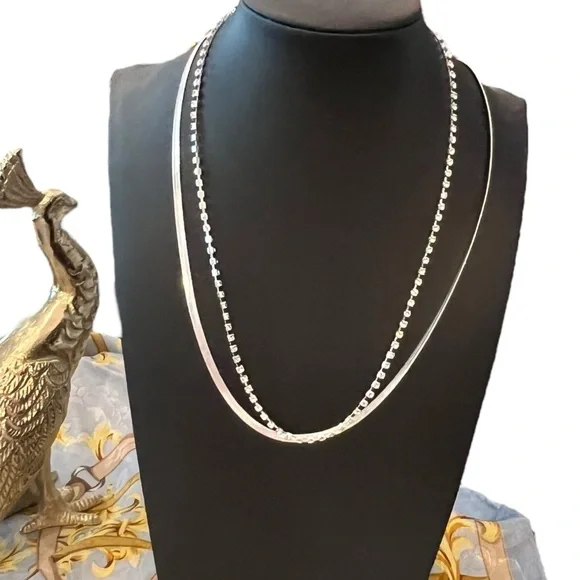 Claire's Silver And Rhinestone Necklaces -2- Snake Style And Square‎ Rhinestones