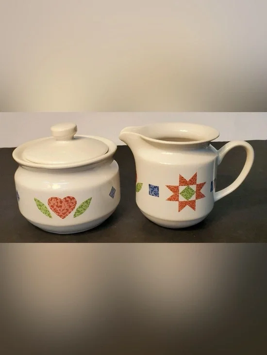 Vintage Corningware Quilt Ceramic Creamer and Sugar Quilt pattern 1994