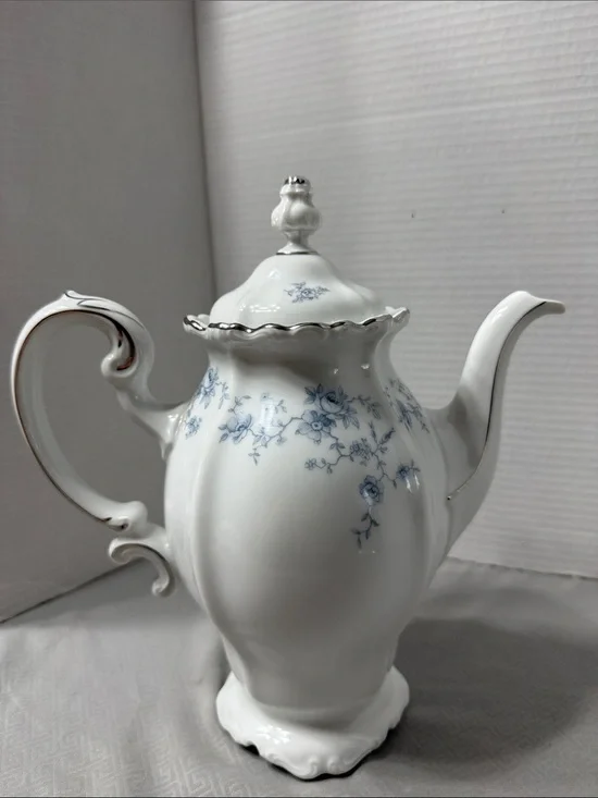 Vintage Johann Haviland Blue Garland Porcelain Coffee Pot Silver Trim Bavaria