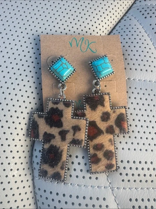 Leopard Cross Drop Earrings with Turquoise Accents