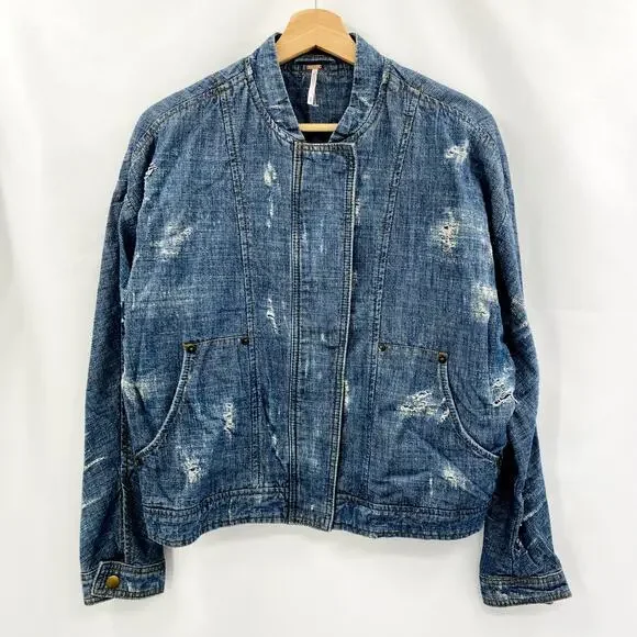 Free People S Denim Lightweight Distressed‎ Bomber Jacket