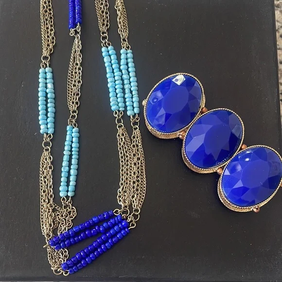 Stunning Cobalt Blue and‎ Gold Beaded Necklace and Bracelet set