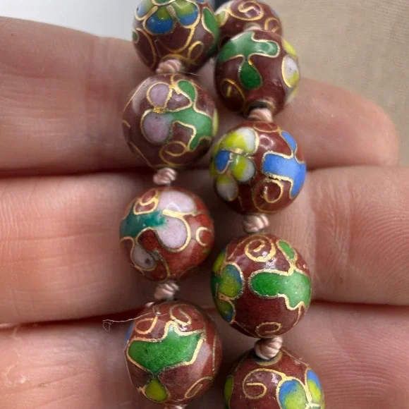 Vintage Cloisonne Beaded Necklace Red Chinese Export Gold Tone Enamel 24