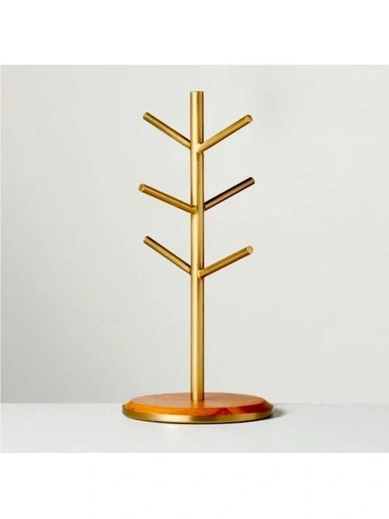 Hearth & Hand with Magnolia Brass & Wood Mug Tree Wooden Stand for 6 Mugs