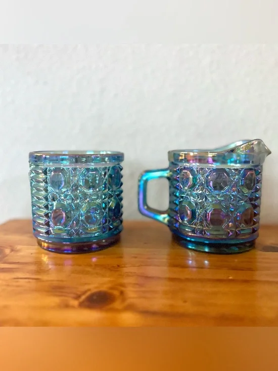 Indiana Glass Sugar & Creamer Set Windsor Design Carnival Glass Iridescent Blue