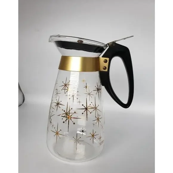 Pyrex Gold Starburst Glass Coffee Carafe with Black Handle 1960s