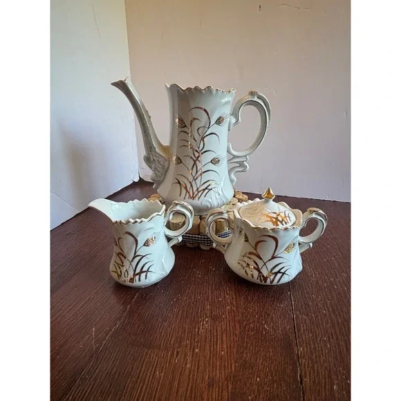 Lefon China Vintage Hand Painted Gold Wheat Tea Set Teapot Sugar Creamer 20595