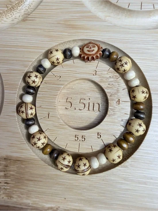 Beaded Sun Charm Stretch Bracelet - Ivory, Brown, Tan