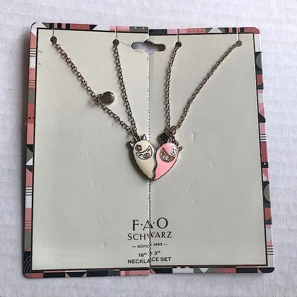 Girls Jewelry FAO Schwarz Gold and Pink Owls (2) Friends Necklace & Charms Set