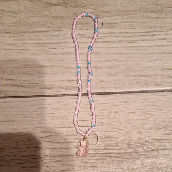 🍋‍🟩Pink and Blue Beaded Kids Necklace with Bear Charm💘