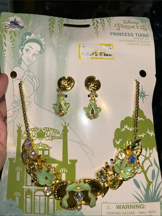 Disney Gold and Mint Princess Tiana Necklace and Earrings Set