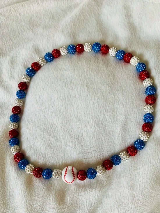 Patriotic Red, White & Blue Kids Baseball Beaded Necklace