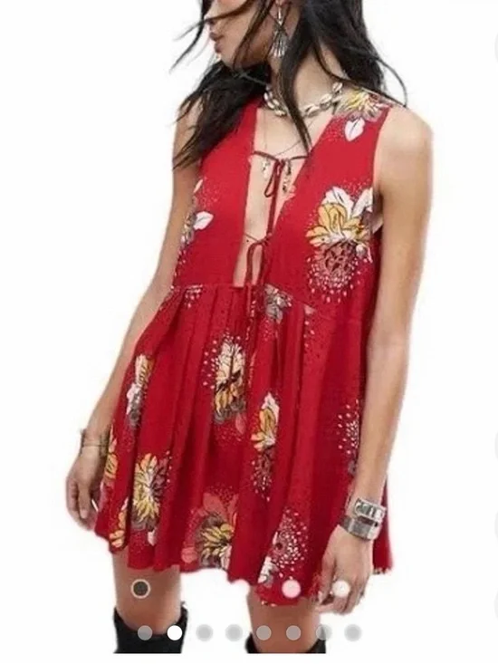 Free People Red Floral Tie-Front Mini Dress