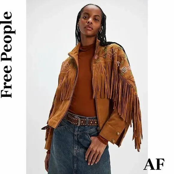Free People Wila Western Suede Bomber Jacket in Whiskey Small NWT