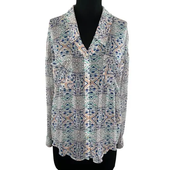 FREE PEOPLE Kaleidoscope Multi Print Button Up Collar Long Sleeve Shirt Medium M