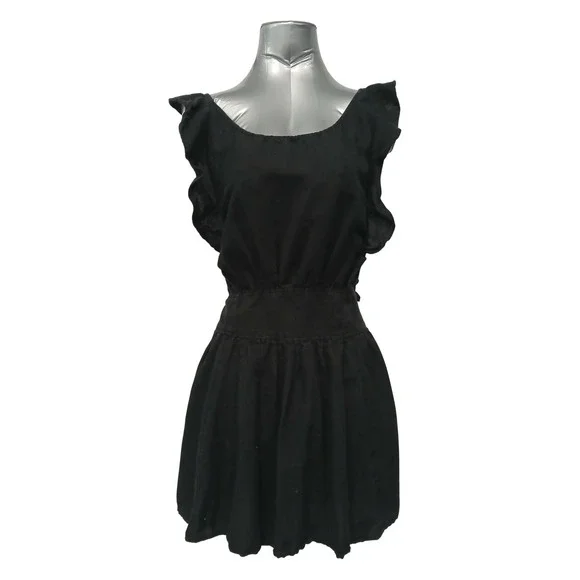 Free People Black Linen Blend Ruffle Open Back Tie Mini Dress Medium OB823812
