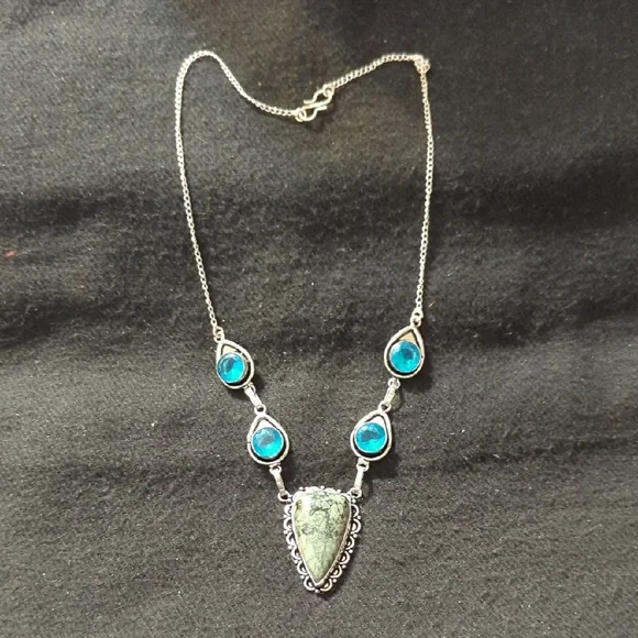 Silver Plated Green Moss Agate Gemstone Blue Crystal Statement Necklace