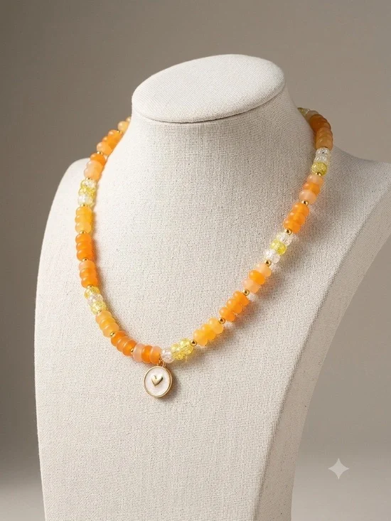 Beaded Orange Charm Necklace with Gold Accent