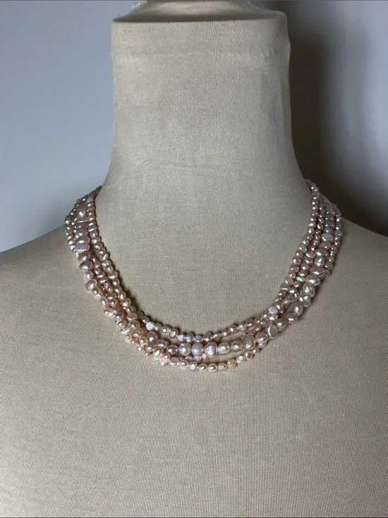 Rare 4-Strand Freshwater Keishi Pearl Necklace w/Sterling Silver Clasp