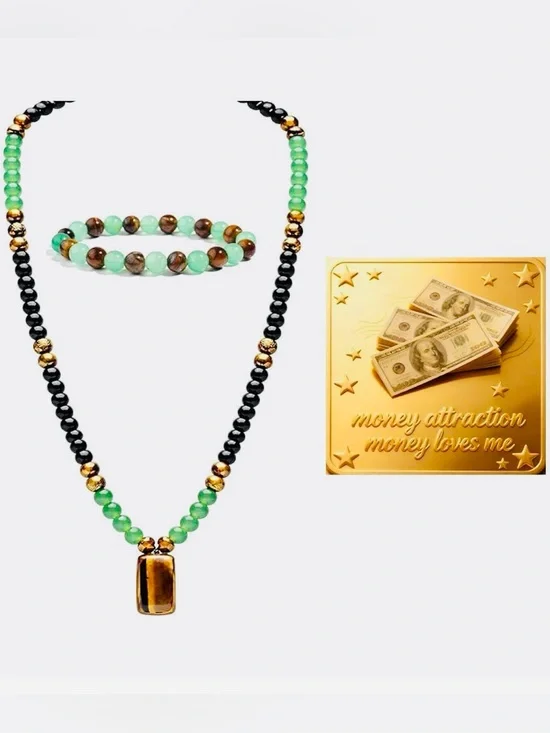 #2574**Green and Black Beaded Necklace and Bracelet Set with Gold Accents