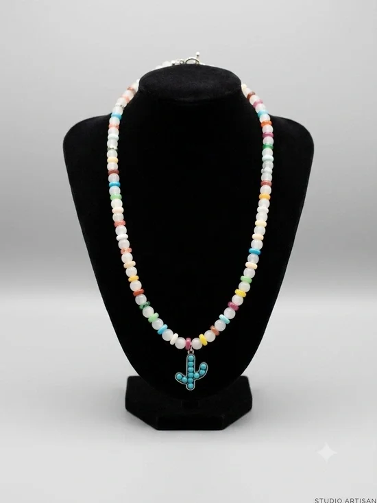 Multi-Color Beaded Necklace with Turquoise Cactus Pendant - Women Jewelry
