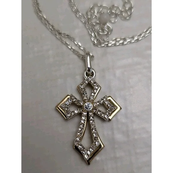 Vintage Avon Rhinestone Cross Pendant Necklace Gold Tone‎ Religious