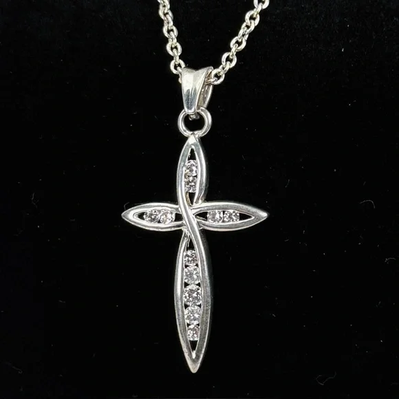 Beautiful silvertone, clear bling CZ others cross pendant costume necklace