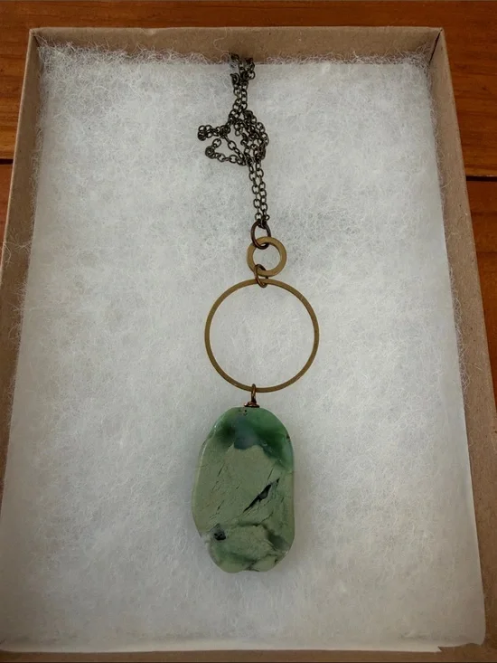 Artisan made Chrysoprase Pendant Necklace w/ Brass Circle, NWT
