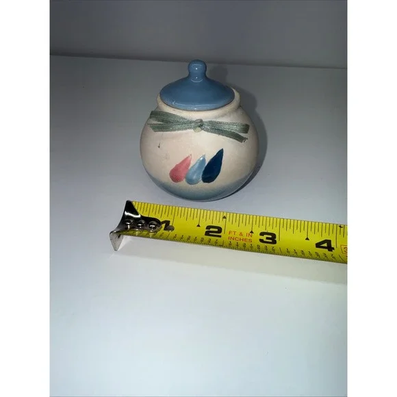 Hand Painted Ceramic Mini Honey Pot Blue Pink Teardrop Jar with Lid and Ribbon