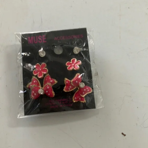 Muse Kids Pink Bow and Flower Earrings Set