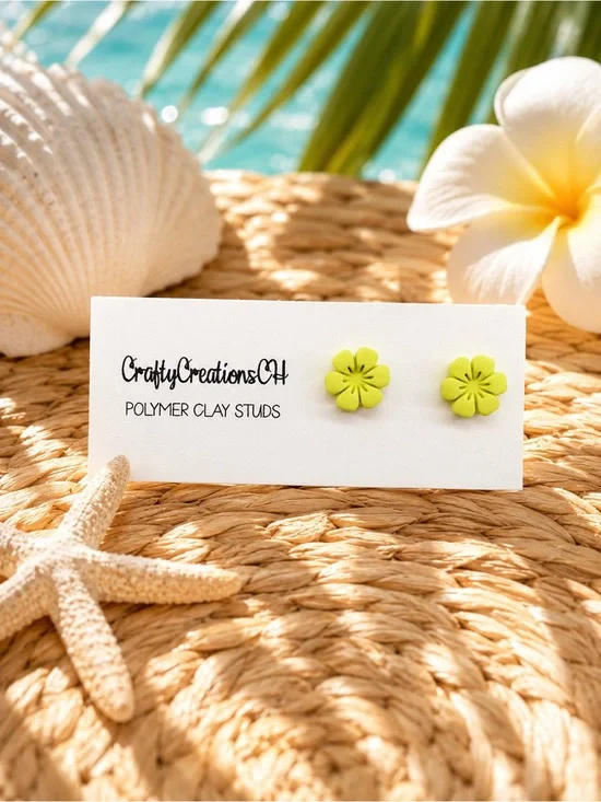 Lime hibiscus Polymer Clay Stud Earrings