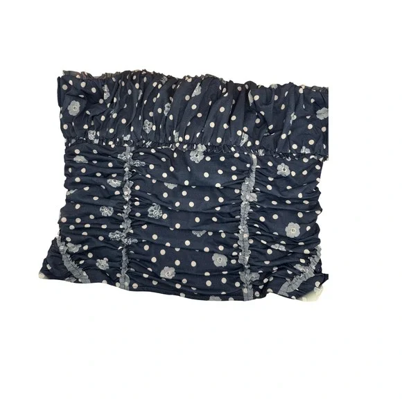 Free People Tube Top Navy Blue White Polka Dot Ruched Ruffle Fitted Large