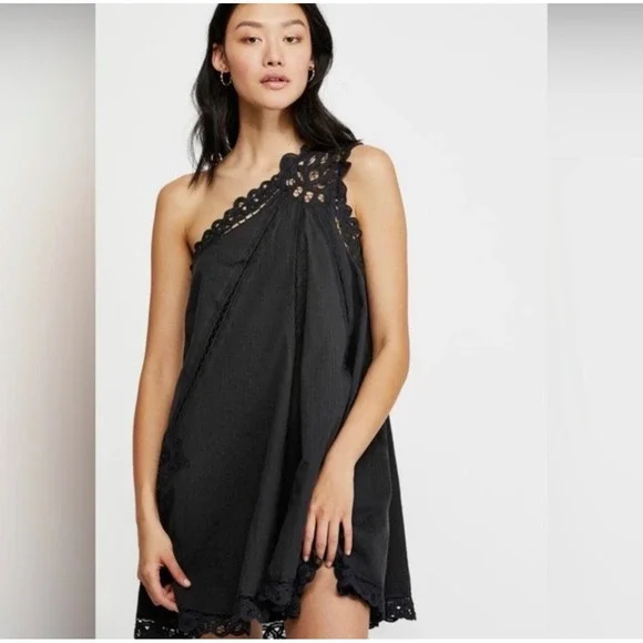 Free People One Shoulder Mini Dress Womens Small Black Crochet Lace Boho OB95726
